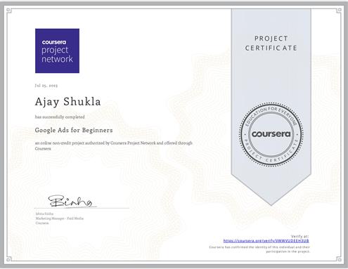 Ajay Shukla Certificate of Google Ads for Beginners