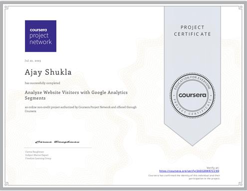 Ajay Shukla Certificate of Analyze Website Visitors with Google Analytics Segments